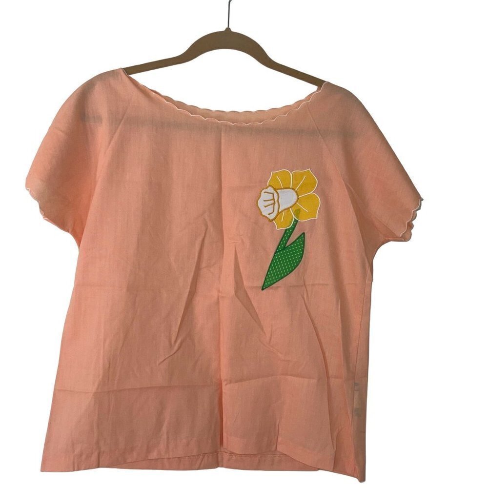 Jordana Vintage Womens Top Size Medium Peach Flower Applique Cotton Boxy Fit